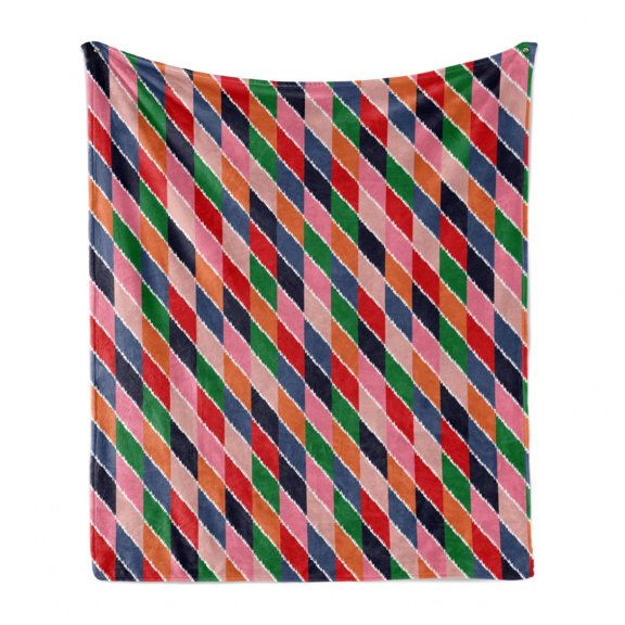 Geometrical Soft Flannel Fleece Throw Blanket, Modern Retro Theme Diagonal Parallelogram Blocks Illustration Art Print, Cozy Plush for Indoor and Outdoor Use, 60" x 80", Multicolor, by Ambesonne