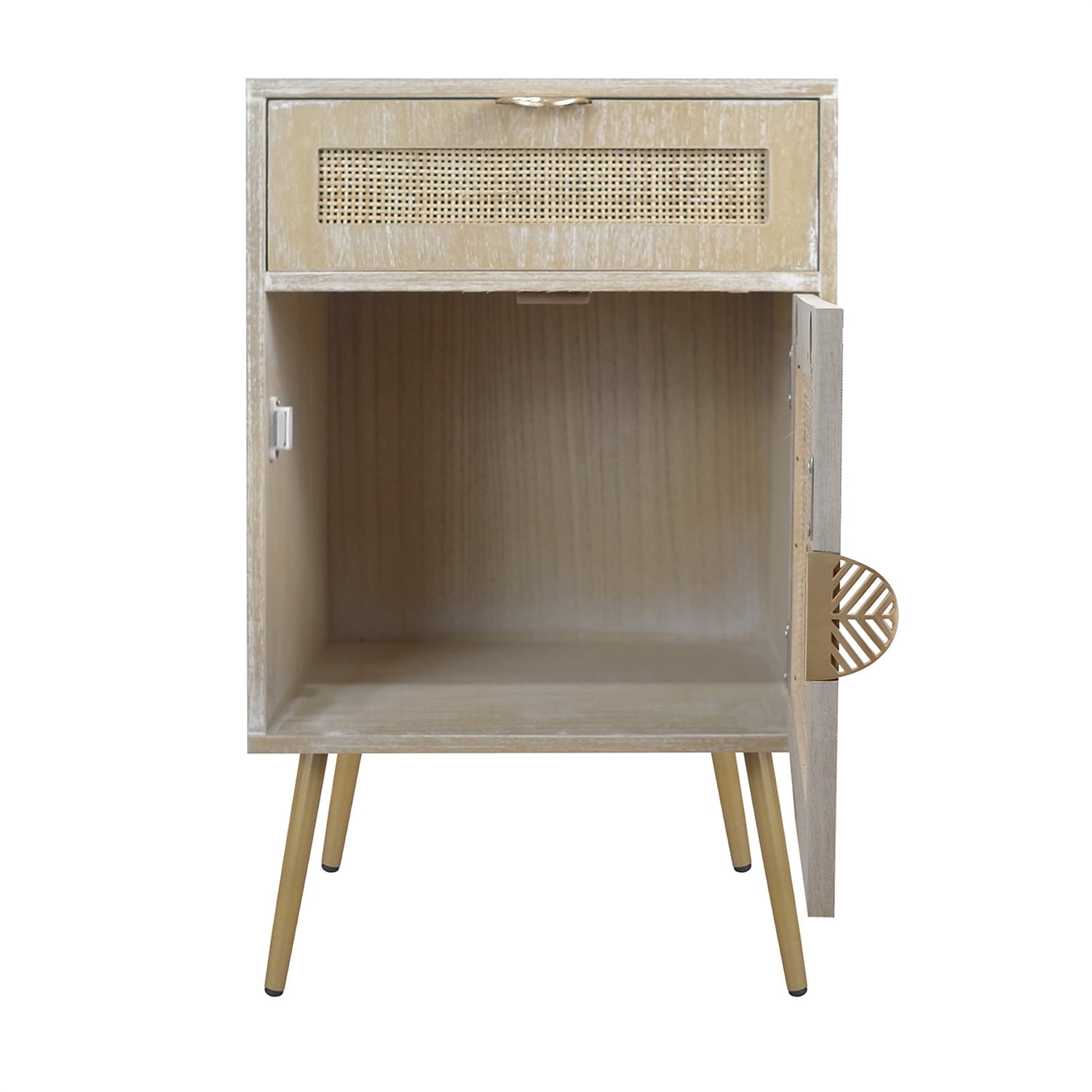 Kadyn Modern Wooden Nightstand with Rattan Panel, Storage Bedside Table with One Drawer and One Cabinet, End Table for Home and Office, Natural