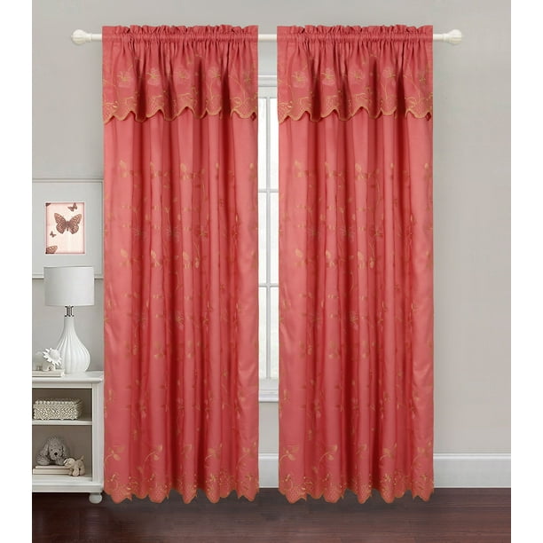 ALLISON Coral Floral Rod Pocket Curtain Panel Pair with Attached