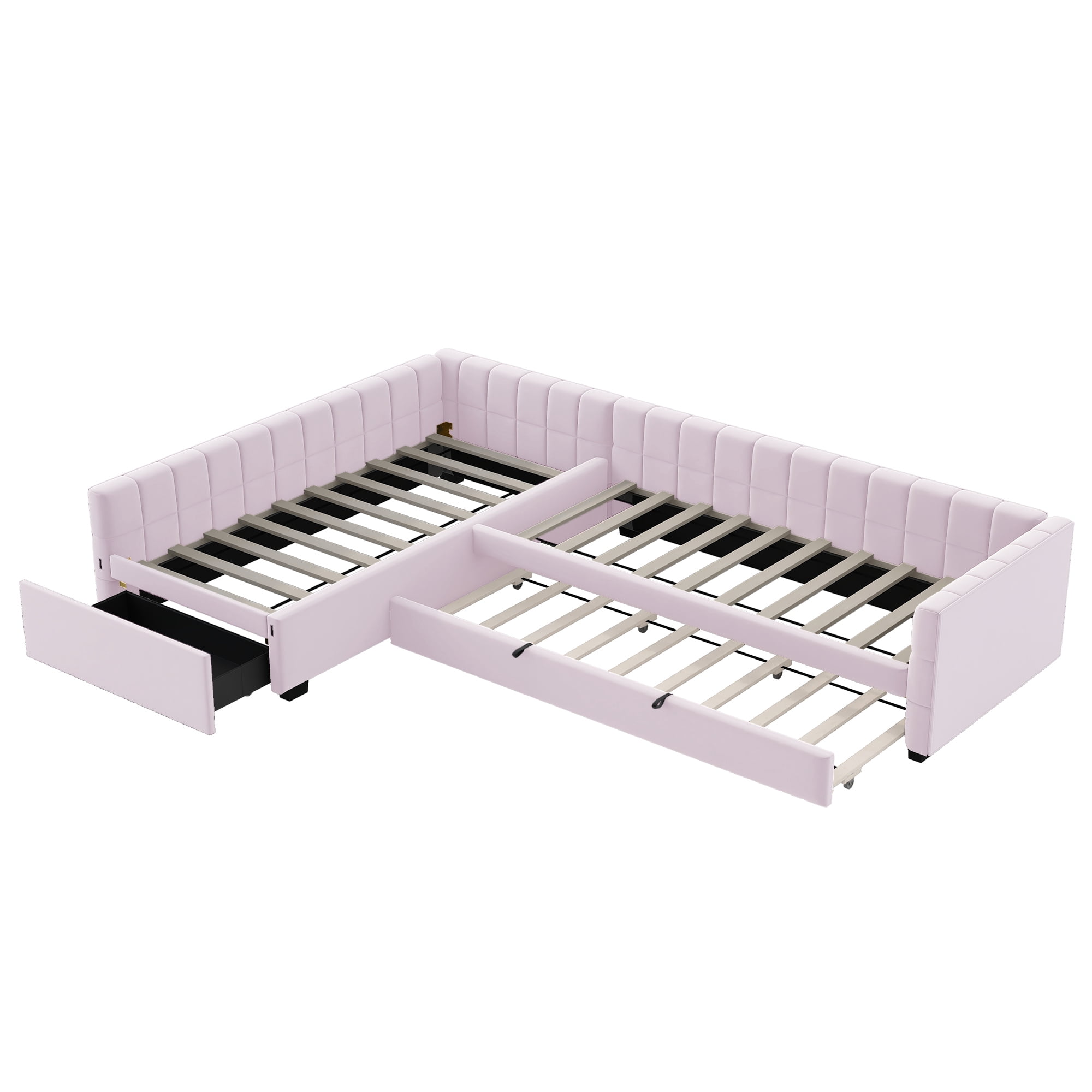 Euroco Upholstery L-Shaped Twin Platform Bed with Trundle and Drawer, 3 Beds in 1, No Spring Box Needed, Pink