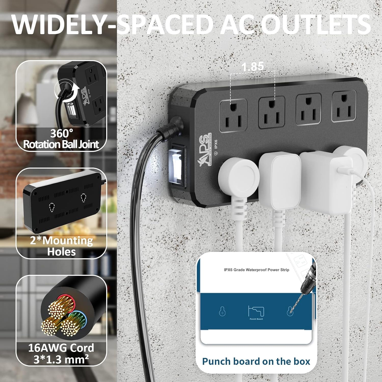 IPX6 Outdoor Power Strip Weatherproof, Waterproof Surge Protector with 8 Wide Outlets(6FT) ,Wall-mountable