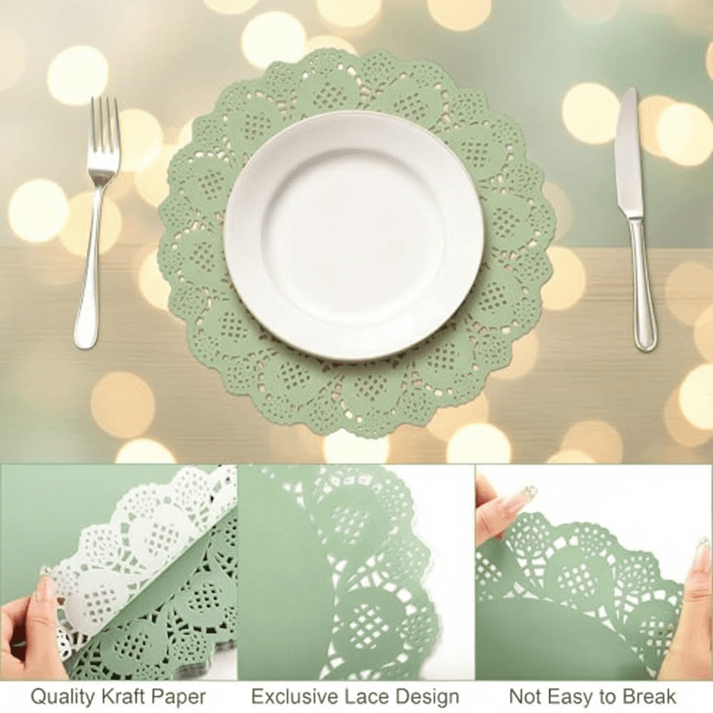 Sage Green 12-Inch Round Lace Paper Doilies, 150-Pack Disposable Decorative Placemats for Food, Cakes, Crafts, Parties, and Wedding Table Decorations