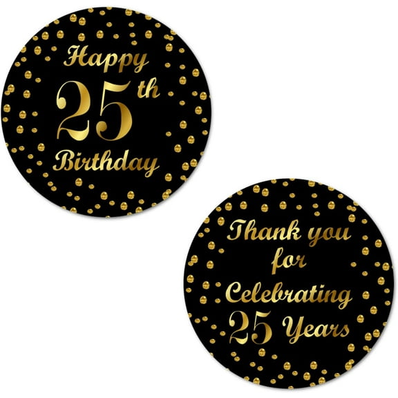 25th Birthday Round 2 Inch Big Glossy Stickers, Thank You for Celebrating 25 Years Black and Gold Labels, Great for Party Favors, Decorations, Tags, Gift Bags and Supplies