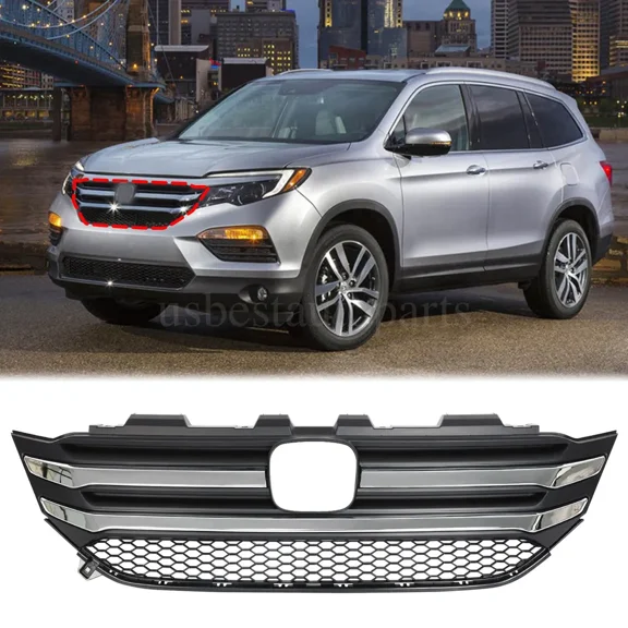 Front Grille Hood Upper Grill Black W/Chrome Trim For Honda Pilot 2016 2017 2018