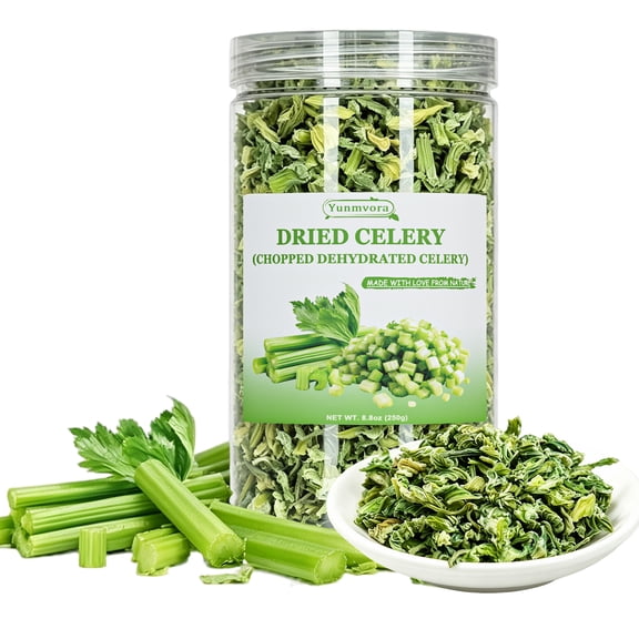 Yunmvora 8.8oz Dried Celery Flakes, Natural Dehydrated Celery for Cooking, Chopped Diced Celery for Soups, Stews, Chilis, Salads, Stir fry and Camping, Crosscut Flakes