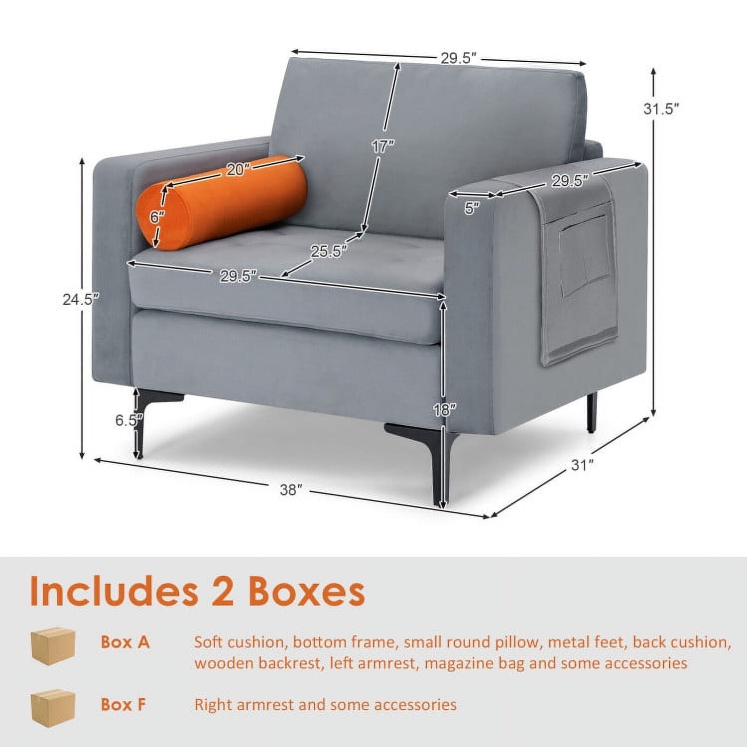 Finihen Upholstered Accent Sofa Chair, Modern Single Sofa with Cushion Bolster and Side Storage Pocket, for Living Room, Bedroom, Light Gray