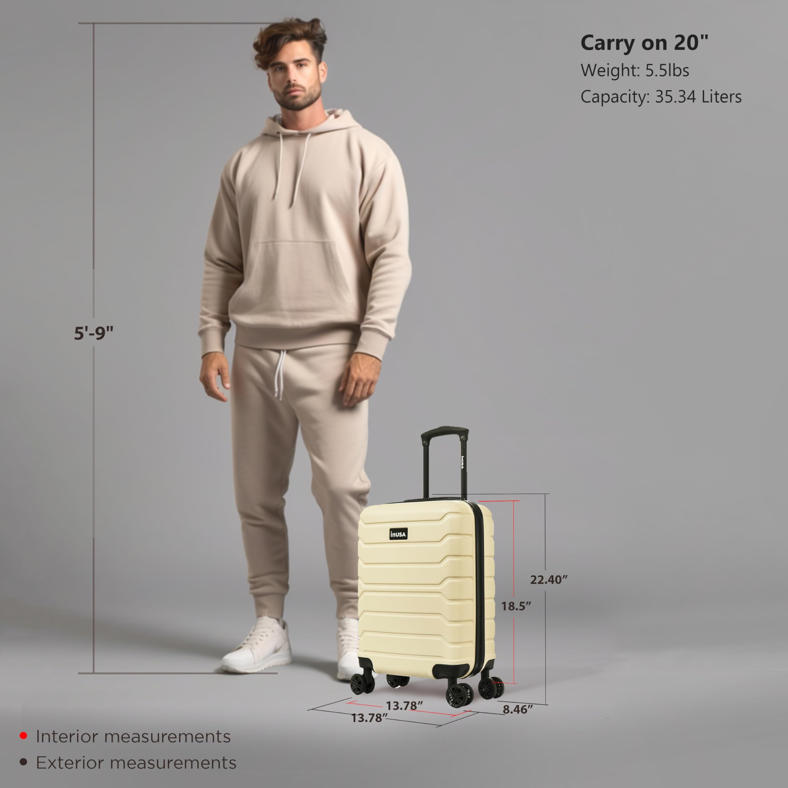 InUSA Trend 20" Hardside Lightweight Luggage with Spinner Wheels, Handle, and Trolley, Sand