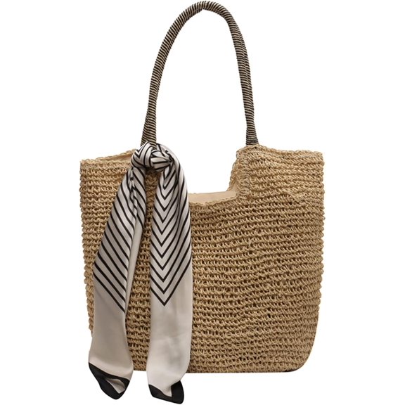 Kukuzhu Straw Beach Bag, Summer Woven Tote Bag with Silk Scarf Large Shoulder Handbag Straw Purses and Handbags for Women