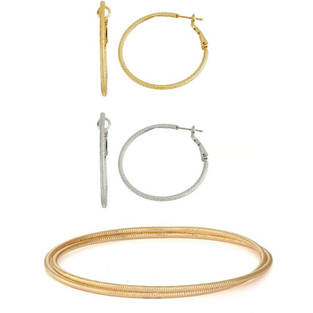 X & O Gold-Tone and Silver-Tone Bead Bangle and Hoop Earring (40mm) Jewelry Set, 3 Piece