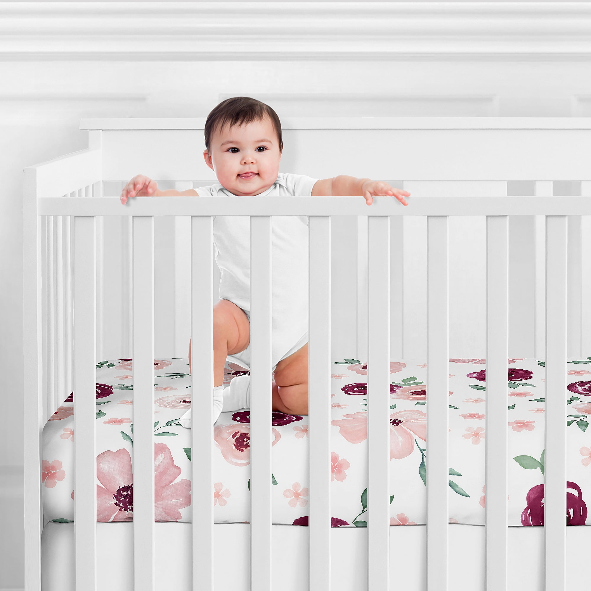 Watercolor Floral Burgundy Wine and Pink Fitted Crib Sheet by Sweet Jojo Designs