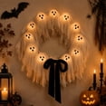 thumbnail image 3 of 16'' Light Up Gauze Ghost Wreath Warm LED Halloween Front Door Hanging Ornament Neutral Cottagecore Farmhouse Porch Wall Decor, Glowing White Ghost Ribbon Wreath for Party Wall Porch Decoration, 3 of 13