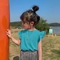 thumbnail image 2 of Girls T Shirts Solid Color Flying Sleeve Top Summer Clothes for Girls Cotton Daily Wear Green 7-8 Years, 2 of 4