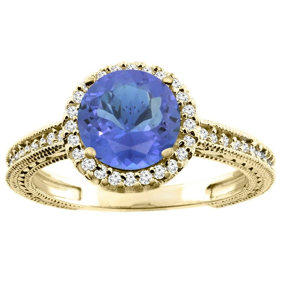 10K Yellow Gold Natural Tanzanite Ring Round 7mm Diamond Accent, size 6