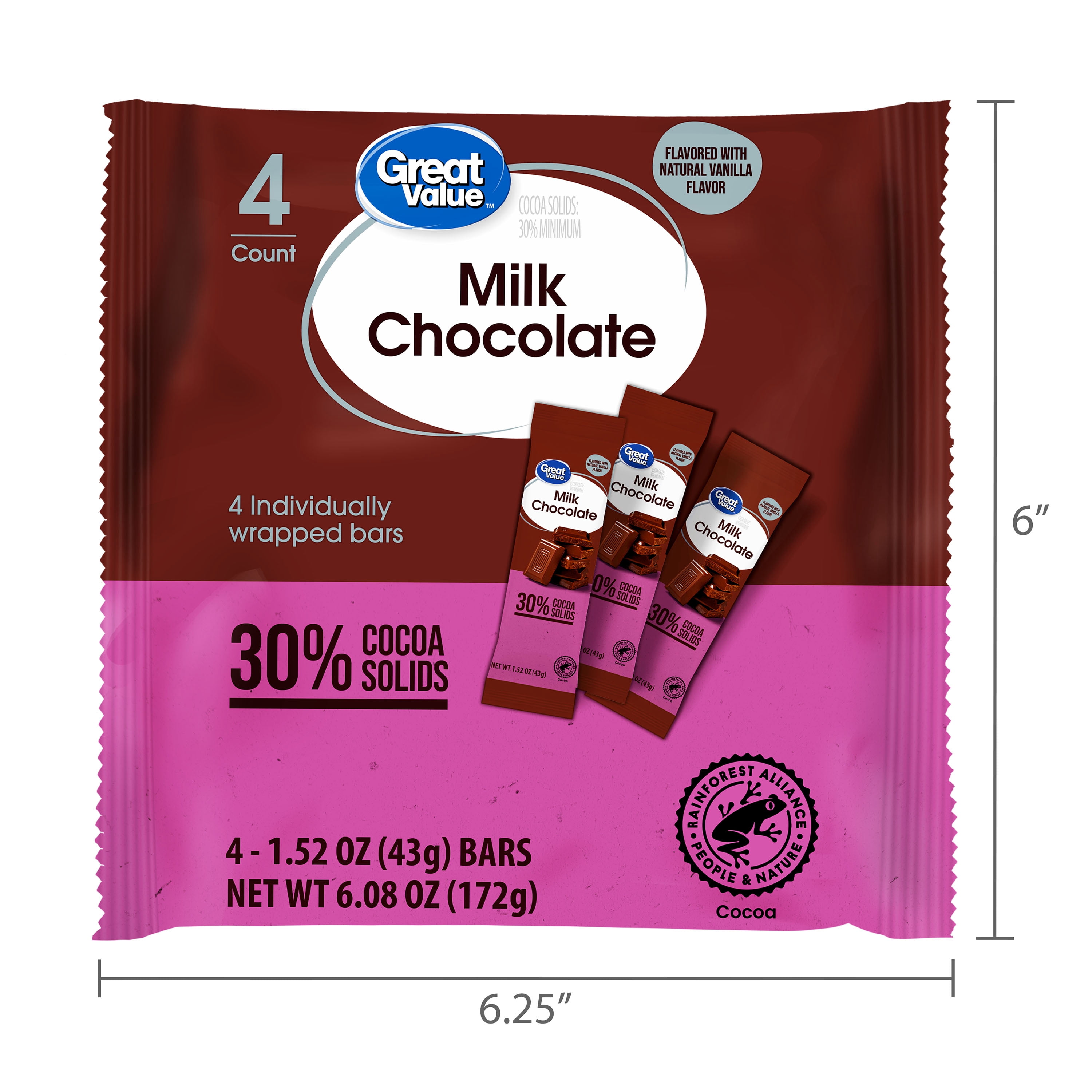 Great Value Milk Chocolate Bars, 1.52 oz, 4 Count