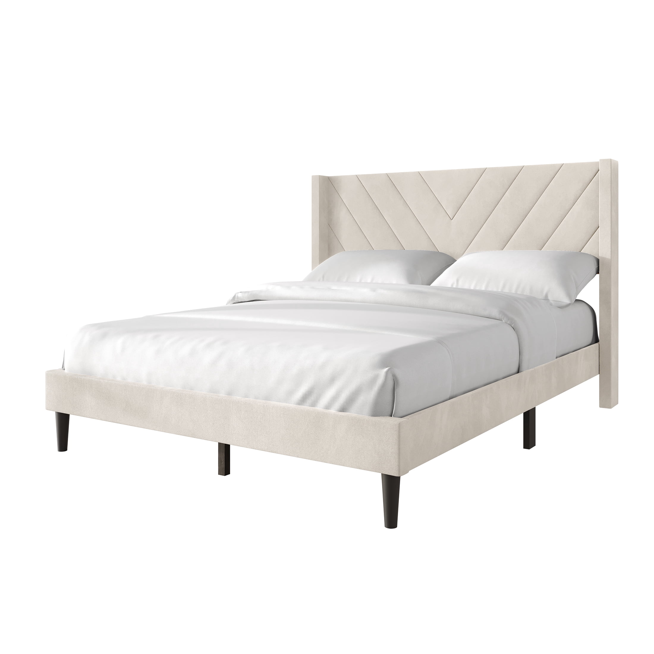 Castle Place Sophisticated Wingback Velvet Upholstered Twin Platform Bed, Beige