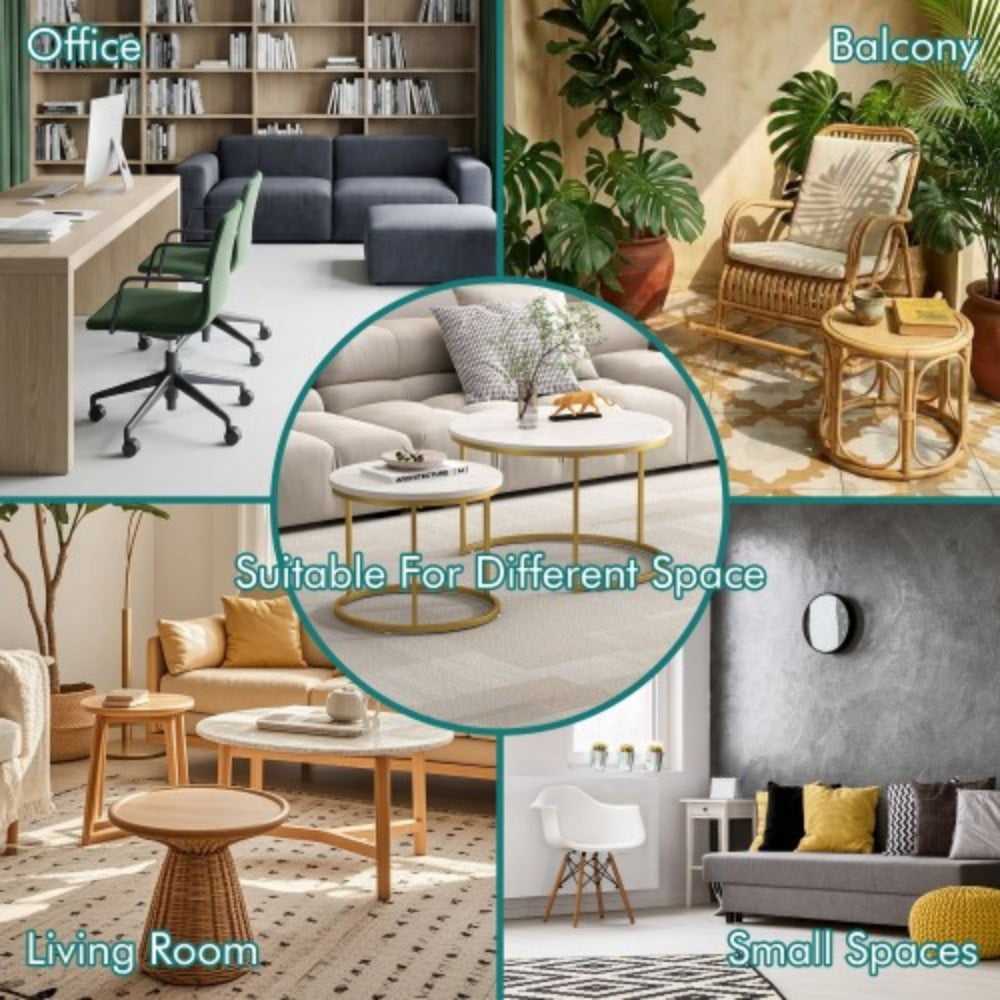 27.6" Nesting Coffee Table Set of 2, Round Wood Marble Pattern Top with Sturdy Metal Frame, Stackable End Tables for Living Room, Bedroom, Office, White & Gold