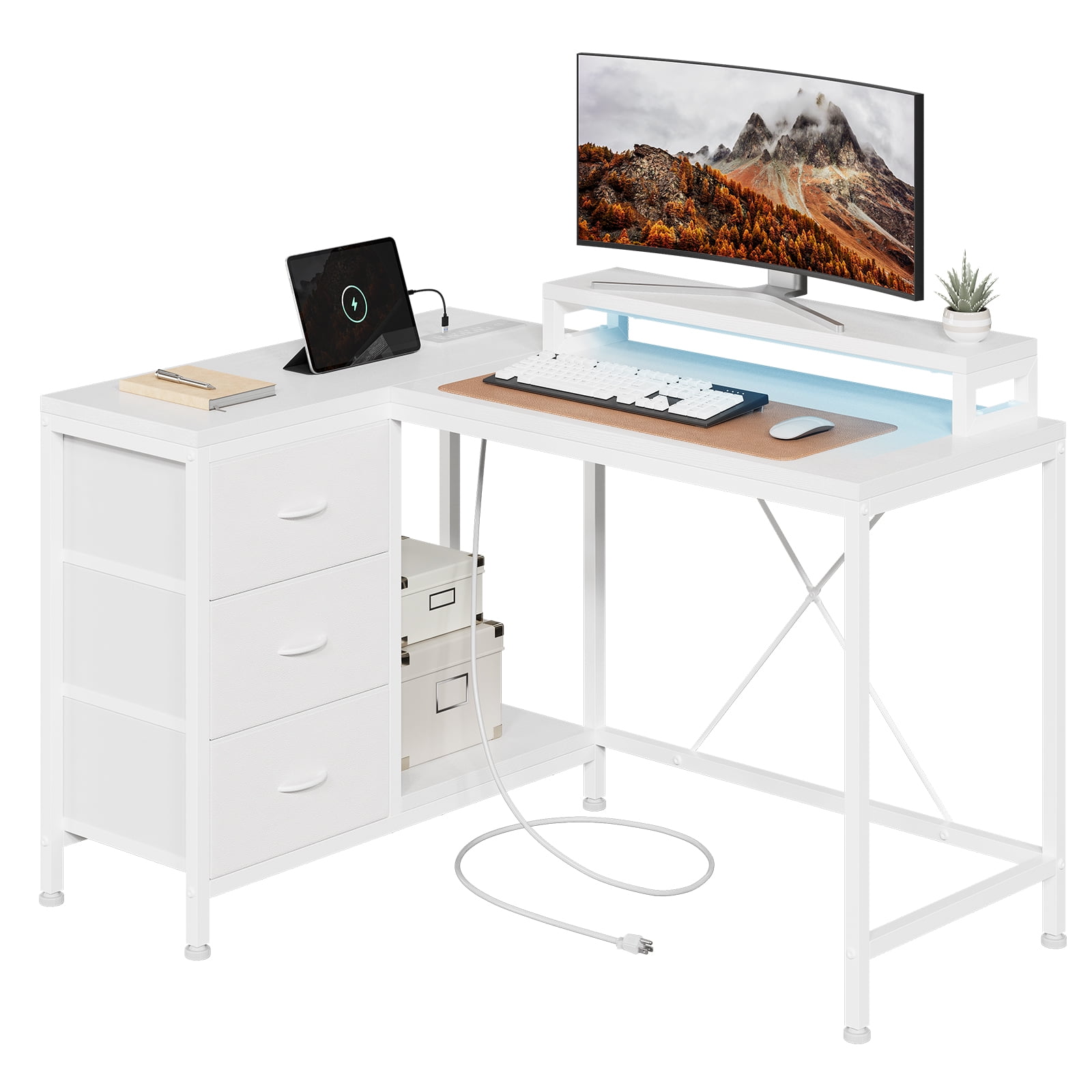 43 Inch Computer Desk With Drawers, L Shaped Desk with Power Outlets and Led Lights, Gaming Desk with Shelves and Monitor Stand