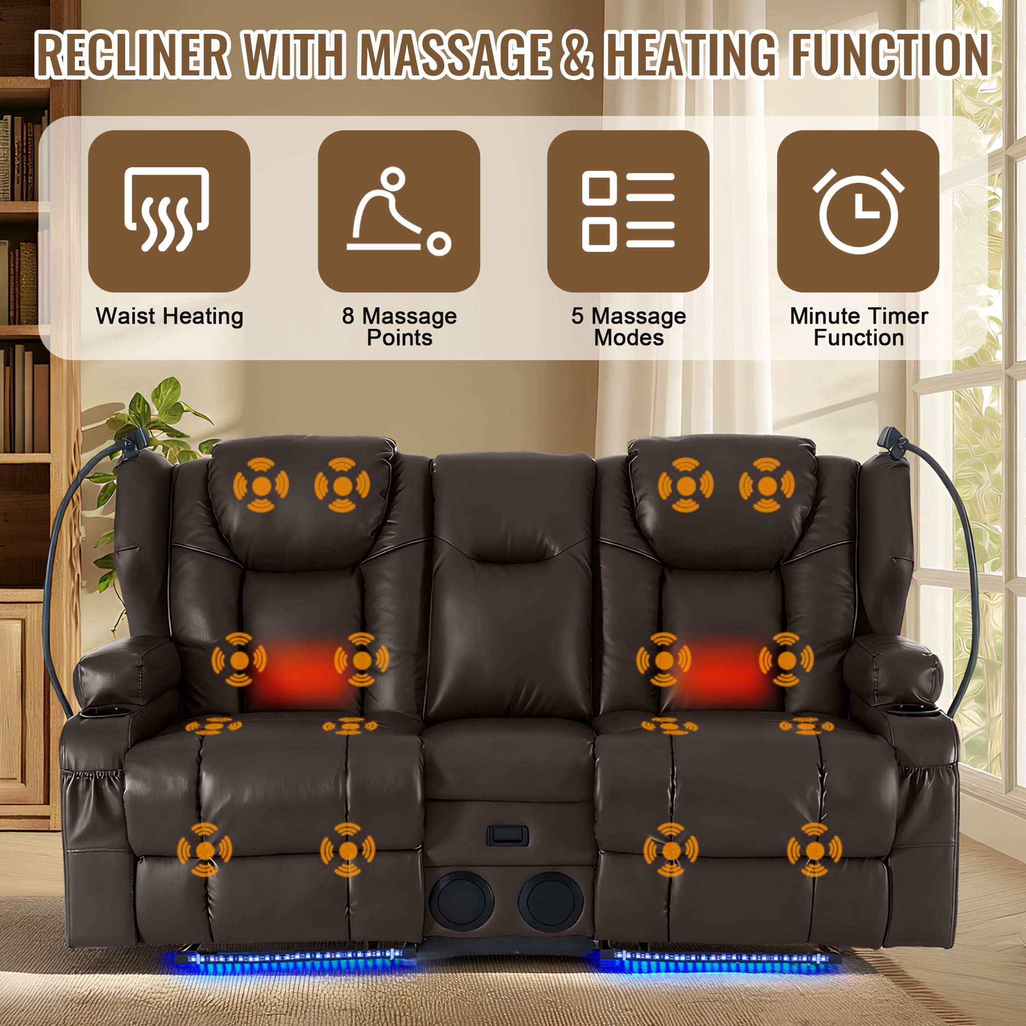 ROOMARK Loveseat Recliner Double Recliner RV Sofa & Console | Wall Hugger Loveseat Reclining RV | RV Theater Seats | RV Couch | RV Home Theater Seating Furniture