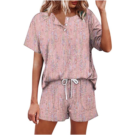 AOOCHASLIY Clearance Trendy Women Tops Fashion Women's Casual Print Short Sleeve Button Tops Nightwear Shorts Sleepwear Sets
