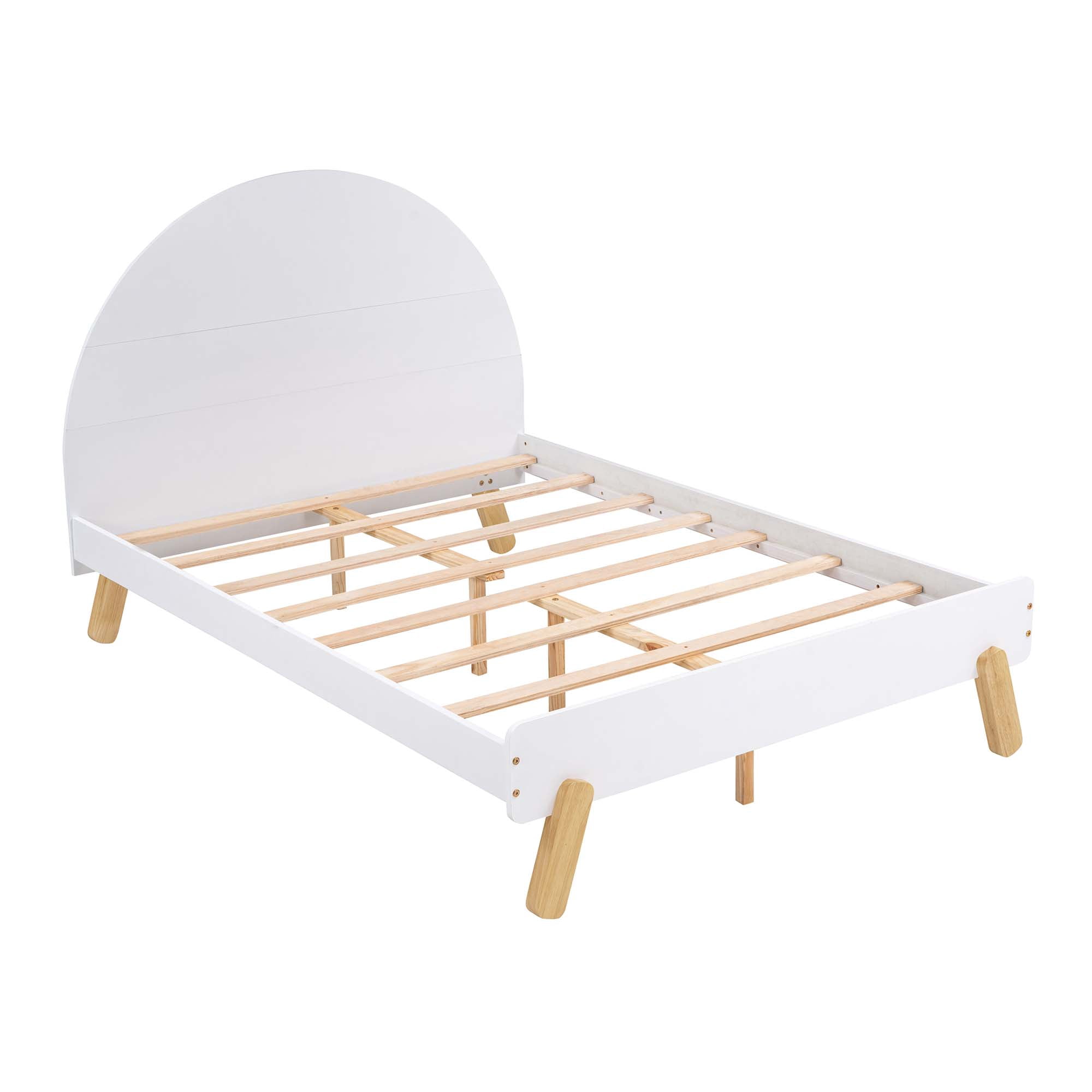 Aukfa Platform Bed for Kids, Full Size Bed Frame with Semi-circular Headboard, Wooden - White