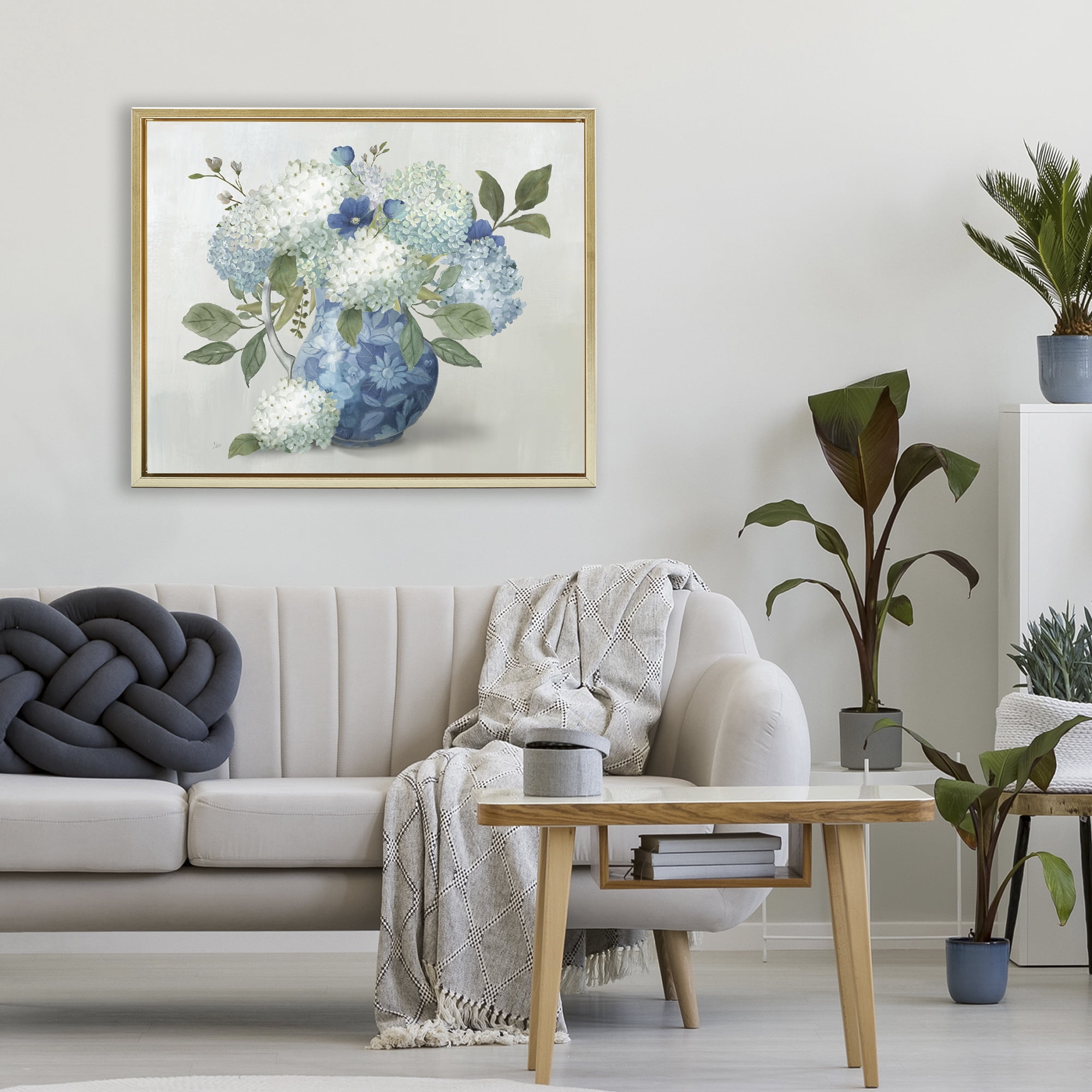 Stupell Industries Ornate Vase with Hydrangeas Gold Framed Floater Canvas Wall Art, design by Nan