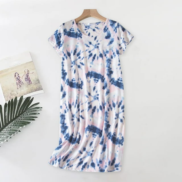 Pyjamas en Coton pour Femmes, Chemise de Nuit Grande Taille Vêtements Tricotés Doux Manches Courtes Col Rond, Violet S-TG