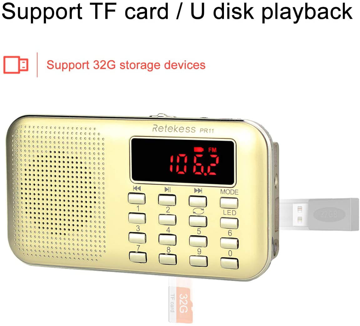 Gold Retekess PR11 AM FM Radio Portable Rechargeable Transistor Radios Small with Headphone Jack MP3 Music Player Speaker Support Micro TF Card