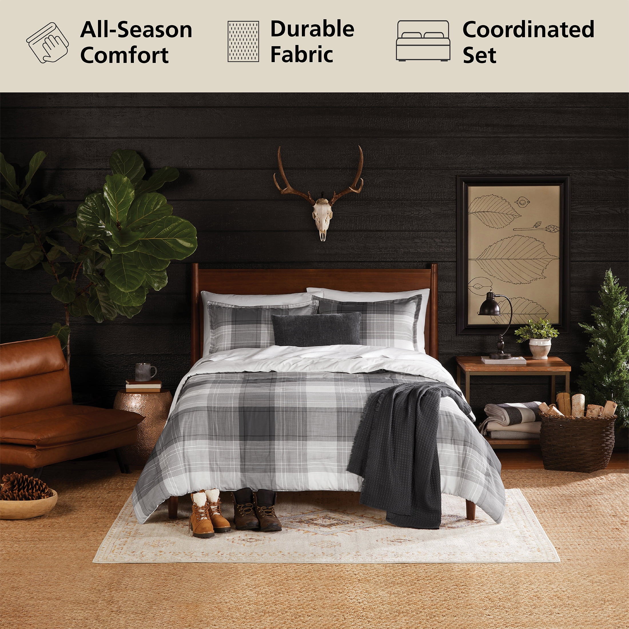 Mainstays King Comforter Set, All-Season, 5-Piece, Grey Plaid