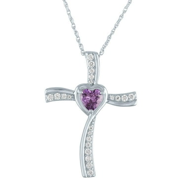 Ladies Brilliance Fine Jewelry Simulated Amethyst and CZ Sterling Silver Cross Pendant, 18"