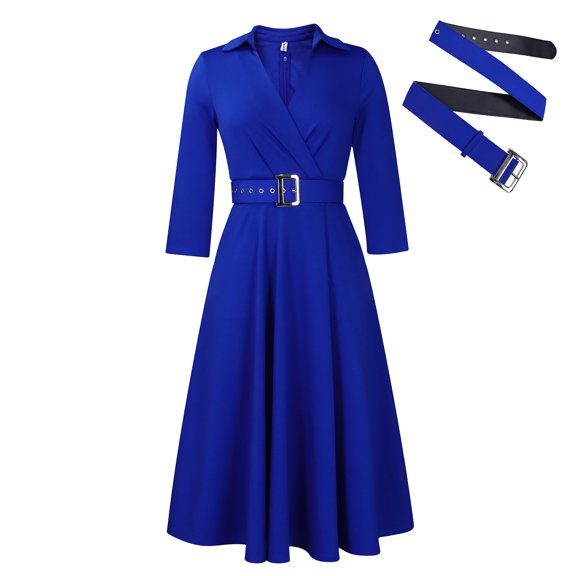 AURA Plus Size Spring Elegant Lapel High Waist A Line Maxi Dress Long Sleeve Puff Sleeve African Work Dress with Belt