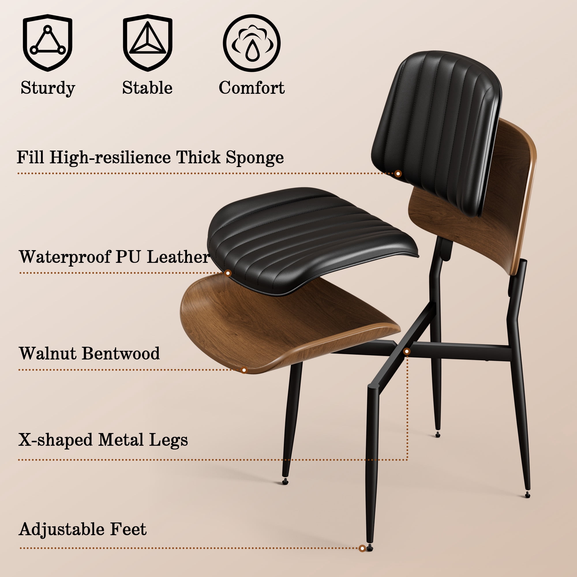 LainTene Modern Dining Room Chairs Set of 2, Faux Leather and Bentwood Design with Metal Legs, Ideal for Kitchen or Dining Space