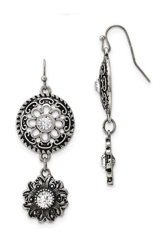 1928 Jewelry Silver-tone Sunburst with Clear Glass Centers Floral Dangle Earrings QBF944