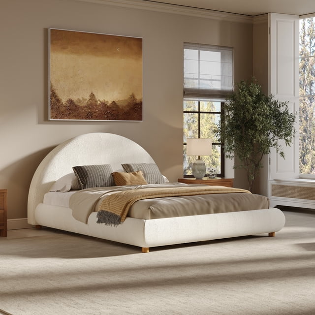 Lit Plateforme Grand Lit avec Tête de Lit Incurvée - Tissu Bouclé, Blanc