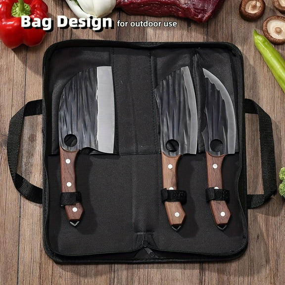 High Carbon Steel Butcher Chef Knife Set With Bag, Hand Forged Meat Cleaver For Meat Cutting Processing, Boning Carving Vegetable BBQ Camping Viking Knife