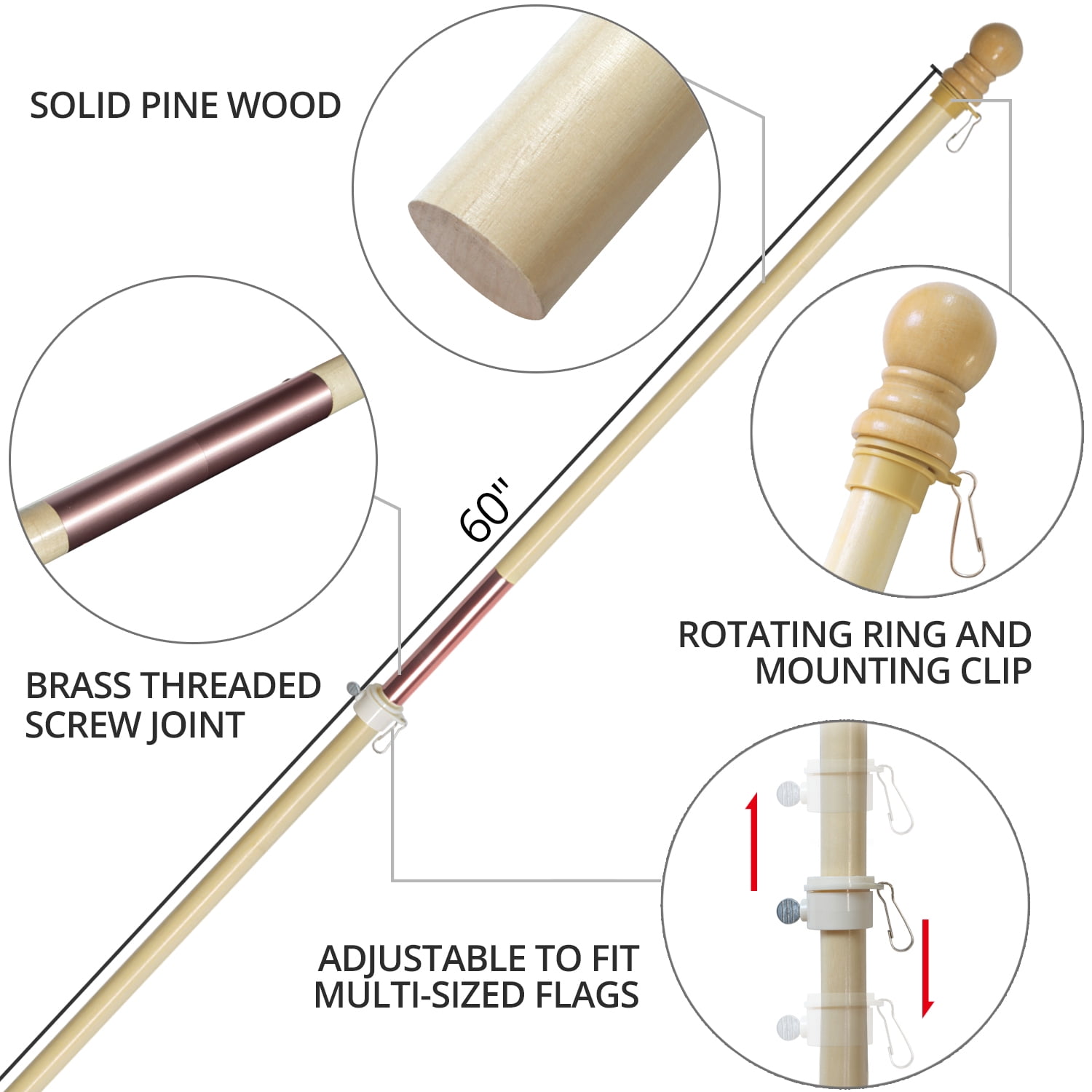 Anley 60" Solid Pine Wooden House Flagpole - 5 Ft Wall Mount Wood Flag Pole (Flag and Flagpole Holder NOT Included)