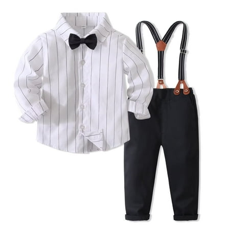 

PureMilk Toddler Boys Black and White Stripes Gentleman Dress Shirt Suits Suspender Black Pants Clothing Sets 4-5T