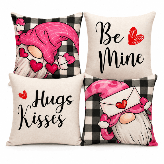 Valentine's Day Pillow Covers Decoration Kisses Hugs Love Heart Decor Anniversary Wedding Cushion Case Farmhouse Decoration for Sofa Couch 18 inch x 18 inch 4 Pcs