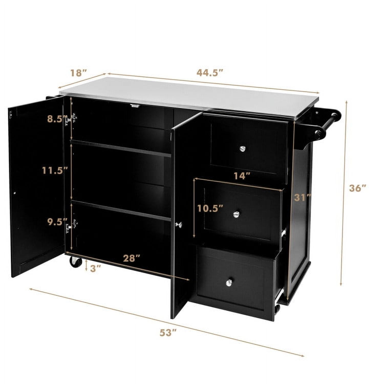 Finihen Rolling Storage Cabinet Cart, Kitchen Island Cart, Kitchen Island 2-Door Storage Cabinet with Drawers and Stainless Steel Top, for Kitchen, Dining Room, Black Finihen Rolling Storage Cabinet Cart, Kitchen Island Cart, Kitchen Island 2-Door Storage Cabinet with Drawers and Stainless Steel Top, for Kitchen, Dining Room, Black