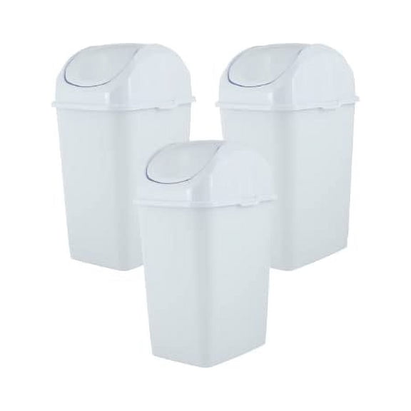 Superio 1.25 Gal Mini Plastic Trash Can with Swing Top Lid Small Waste Bin for Countertop, Desk, Vanity, Bathroom 5 Quart (White, 3 Pack)