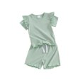 thumbnail image 1 of Sylvamorning Toddler Girls Shorts Set Solid Color Ribbed Ruffle Short Sleeve T-Shirt + Elastic Shorts 2Pcs Outfits Infant Summer Daily Clothes 6M 12M 18M 24M 3T 4T, 1 of 9