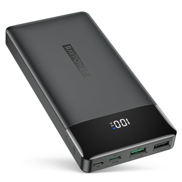 RAVPower 15000mAh Power Bank, 30W Tri-Output Portable PD Charger, Black