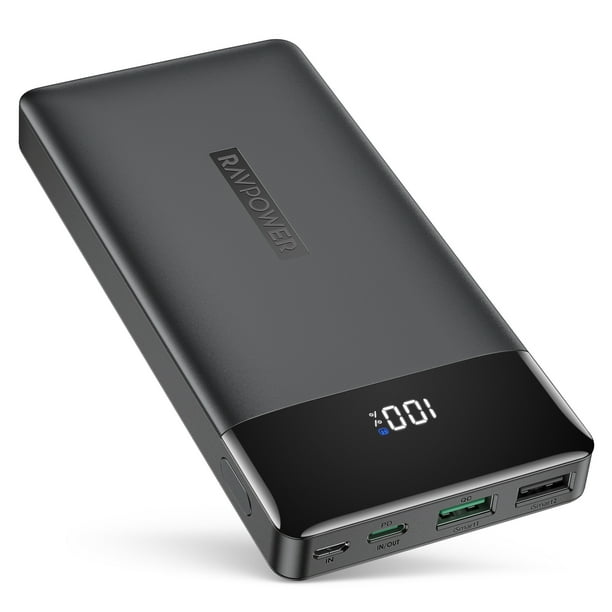 RAVPower 15000mAh Power Bank, 30W Tri-Output Portable PD Charger, Black