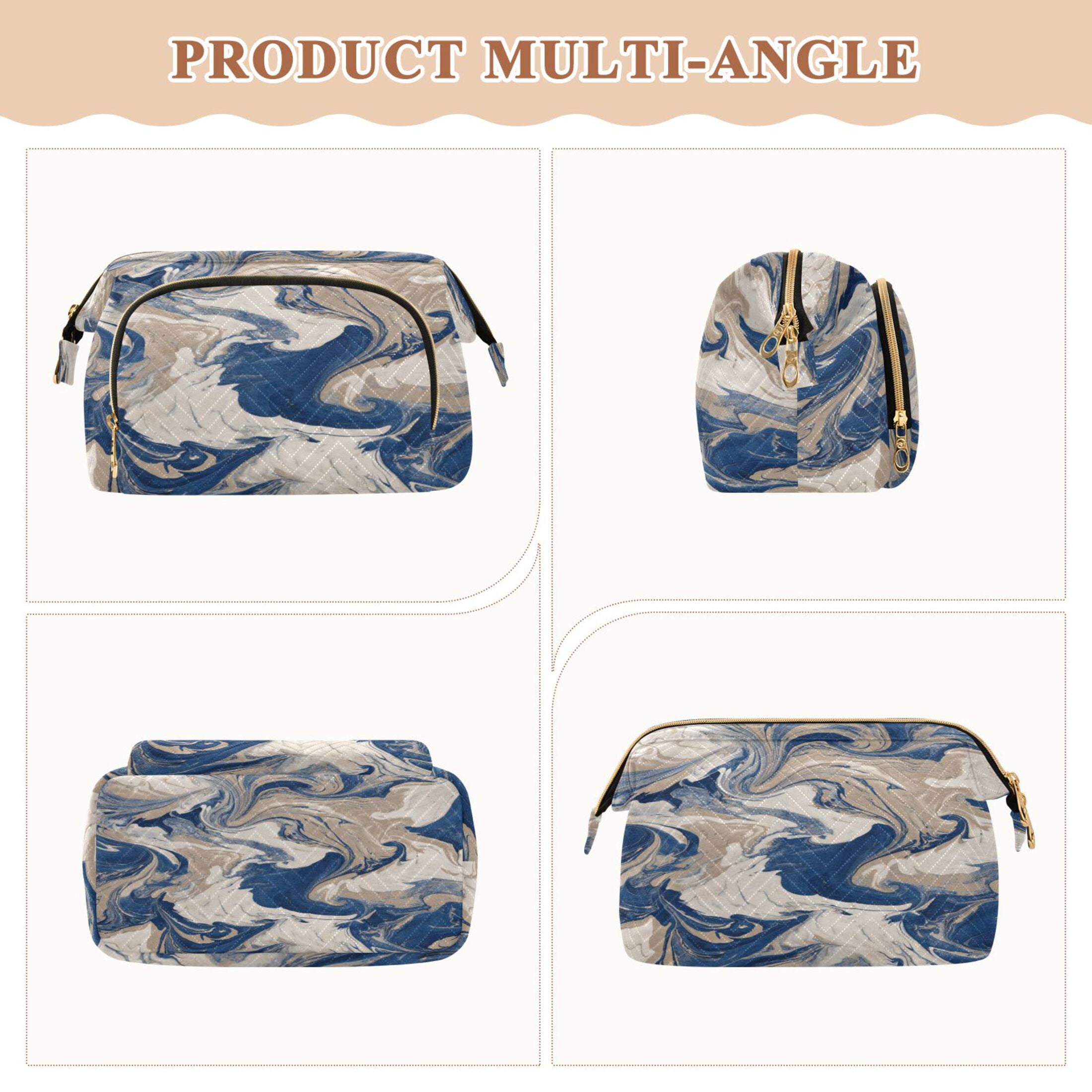 Wavy Quilted Cosmetic Bag Large-Capacity Travel Toiletry Organizer Includes 9-Piece Portable Travel Bottle Set Blue Flowing Liquid Marble