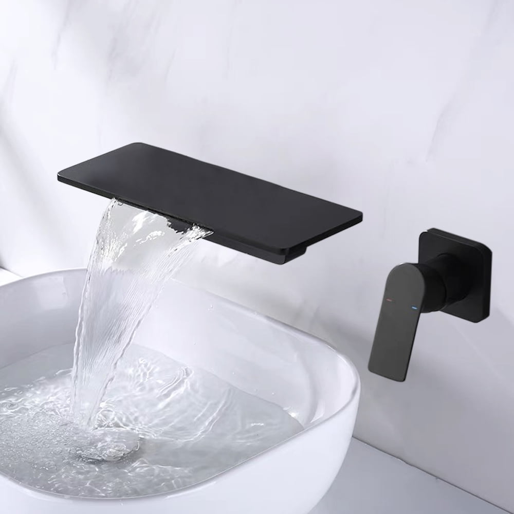 Dwellnix Copper Waterfall Faucet with Concealed Installation, Matte Black Wall-Mounted Faucet for Bathroom, Kitchen, and Modern Sink Areas