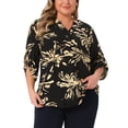 thumbnail image 1 of Blusas de Talla Grande para Mujeres GRACE & GRANDEUR con Patrón Impreso, Cuello en V con Botones, Manga 3/4, Dobladillo Curvado, Camisas Casual con Bolsillos 4X Negro, 1 of 1