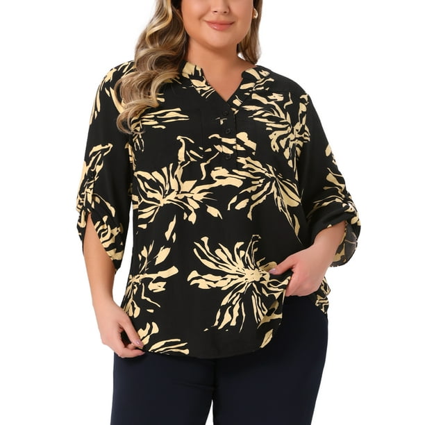 Blusas de Talla Grande para Mujeres GRACE & GRANDEUR con Patrón Impreso, Cuello en V con Botones, Manga 3/4, Dobladillo Curvado, Camisas Casual con Bolsillos 4X Negro