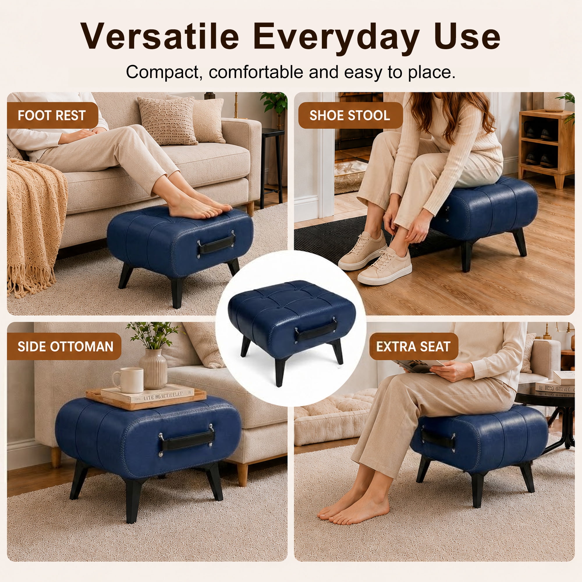 Leumius Modern Leather Stool with Hidden Storage,Portable Handles & Metal Legs,Square Footrest for Living Room,Blue