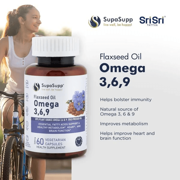 Sri Sri Tattva Omega 3 6 9 Flaxseed Oil Capsules Vegetarian Supplement, 60 Count