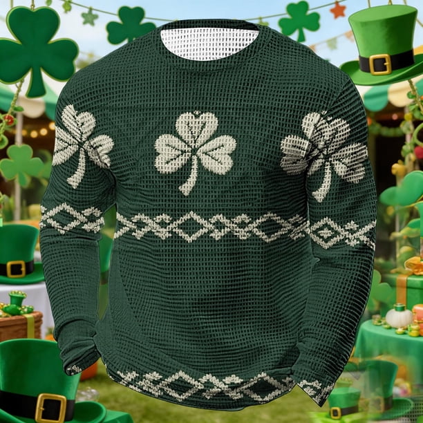 Ceisia Men's St. Patrick's Day Clover & Celtic Knot Print Waffle Knit Long Sleeve Crew Neck Casual Top Army Green XXXL Gifts