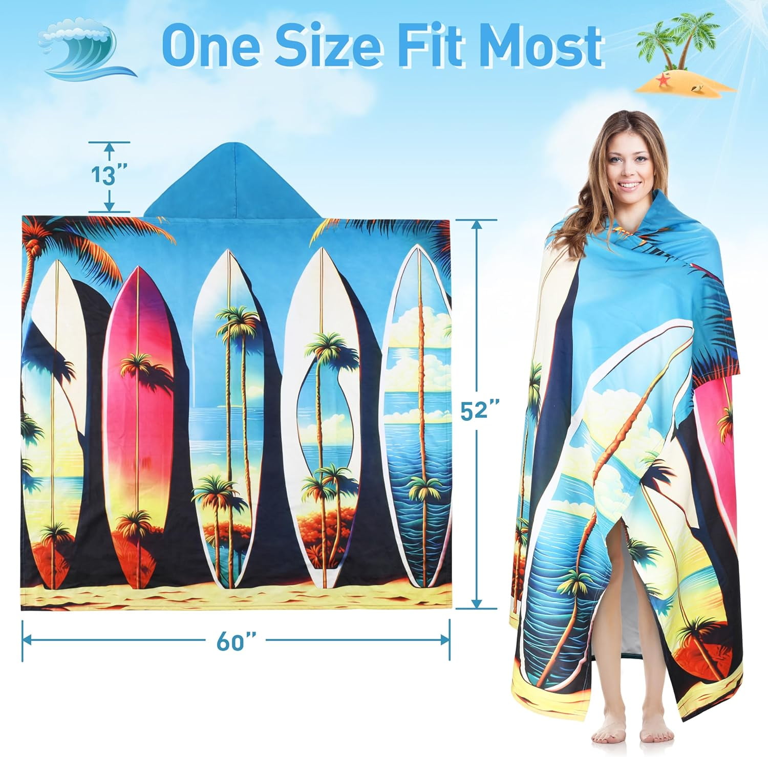 Tirrinia Lightweight Beach Poncho Towel with Hood for Adult, Quick Dry Travel, Surfer Pool Camping